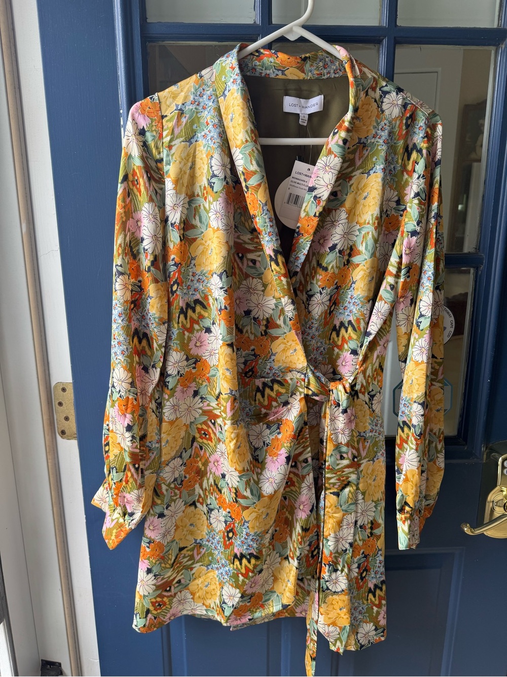 Lost + Wander Yellow Floral Satin Wrap Robe with Multicolor Print
